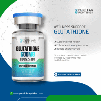 Pure Lab Peptides Glutathione 600 mg lyophilized powder vial with blue cap, research use only