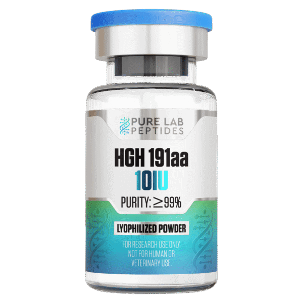 Pure Lab Peptides HGH 191aa 10 IU lyophilized powder vial, clear glass with blue cap, for research use only