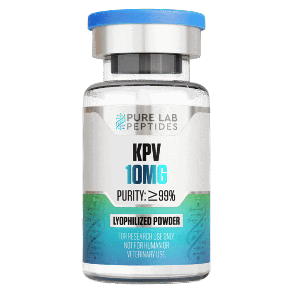 Pure Lab Peptides KPV 10 mg lyophilized powder vial with blue cap, purity ≥ 99%, research use only