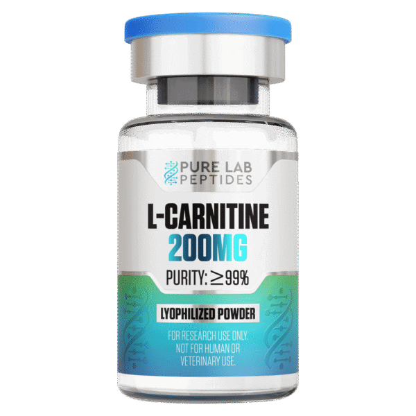 Pure Lab Peptides L-Carnitine 200 mg lyophilized powder vial with blue cap, purity ≥ 99%, research use only