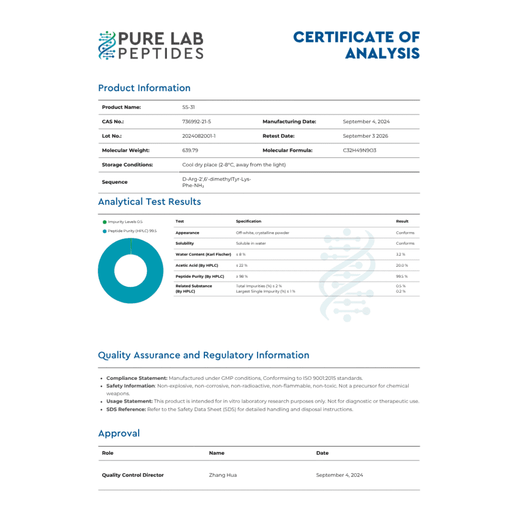 Certificate of analysis for SS-31 peptide detailing product information, purity, and test results, research use only