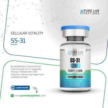 Pure Lab Peptides SS-31 10 mg lyophilized powder vial with blue cap, research use only