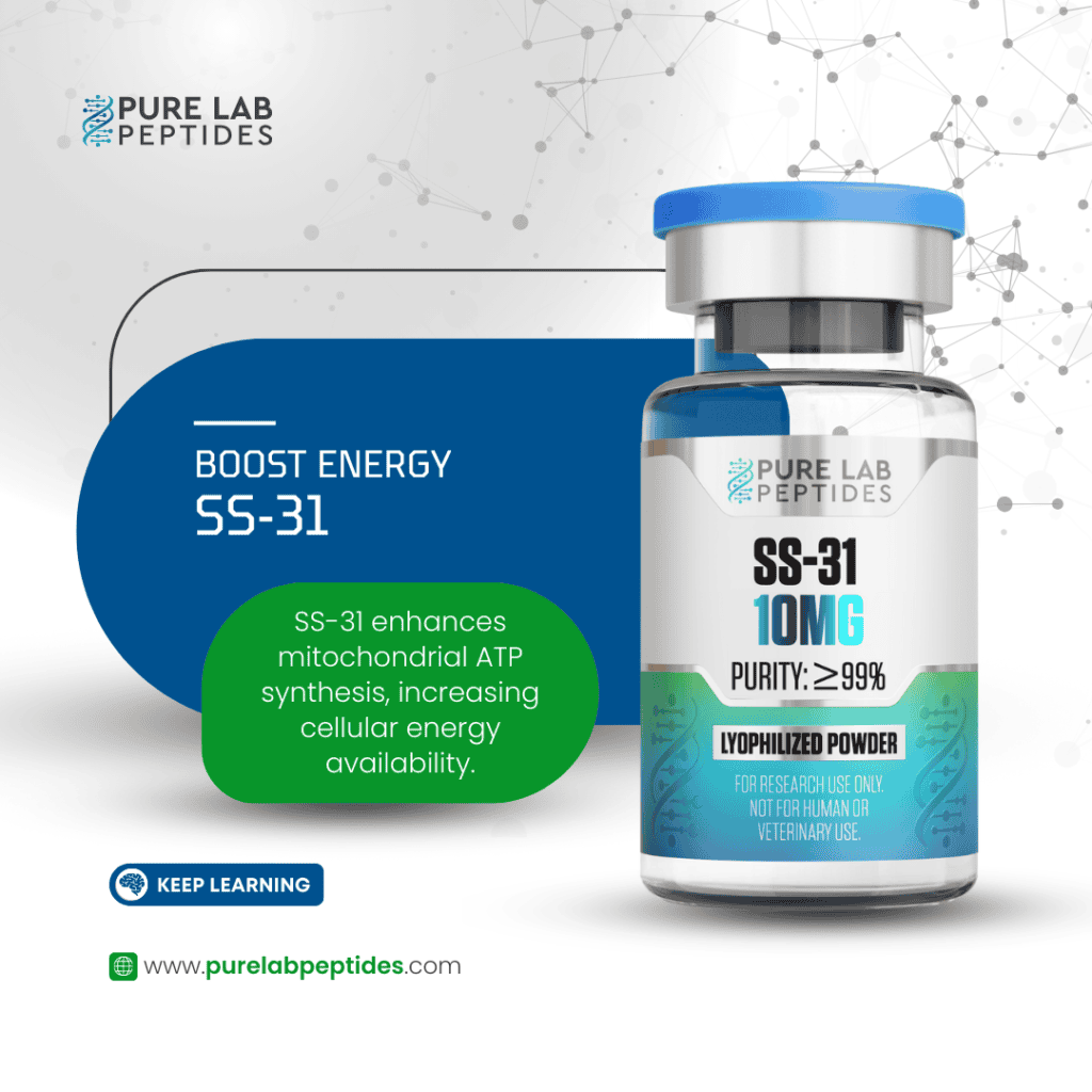 Pure Lab Peptides SS-31 10 mg vial, clear glass with blue cap, research use only