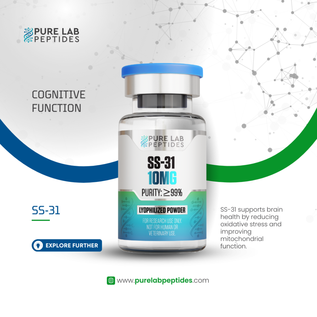 Pure Lab Peptides SS-31 10 mg lyophilized powder vial, featuring blue cap and ≥99% purity, research use only