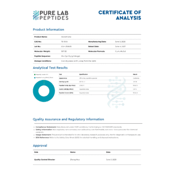 Certificate of analysis for Glutathione detailing product information and analytical test results, Pure Lab Peptides