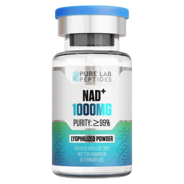 Pure Lab Peptides NAD+ 1000 mg lyophilized powder vial with blue cap, purity ≥99%, research use only