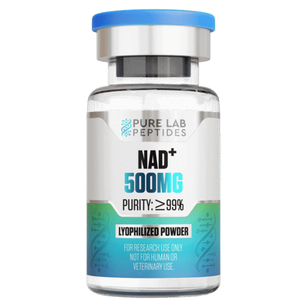 Pure Lab Peptides NAD+ 500 mg lyophilized powder vial, clear with blue cap, research use only