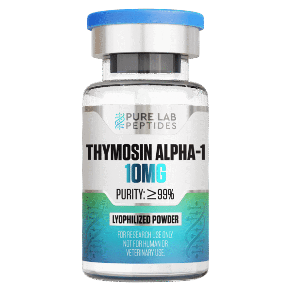Pure Lab Peptides Thymosin Alpha-1 10 mg vial, clear glass with blue cap, lyophilized powder for research use only