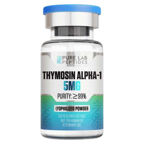 Pure Lab Peptides Thymosin Alpha-1 5 mg lyophilized powder vial, transparent with blue cap, research use only