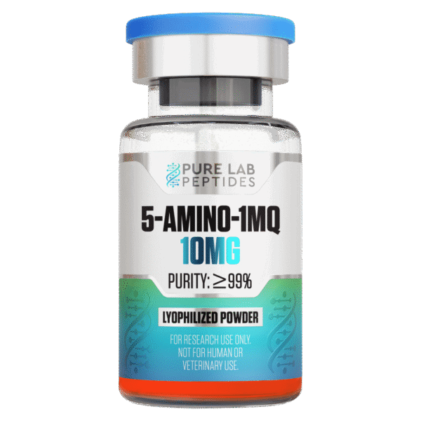 Pure Lab Peptides 5-Amino-1MQ 10 mg lyophilized powder vial with blue cap, research use only