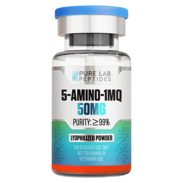 A clear glass vial labeled '5-AMINO-1MQ 50MG' containing lyophilized powder, with a blue cap and a colorful gradient design. The label indicates a purity of 99% and mentions that it's for research use only, not for human or veterinary use.