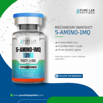 Pure Lab Peptides 5-Amino-1MQ 10 mg lyophilized powder vial with blue cap, research use only