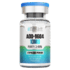 A clear glass vial containing AOD-9604 peptide, labeled with '10MG' and 'Purity: ≥99%'. The label indicates it's a lyophilized powder for research use only, not for human or veterinary use. The vial has a blue cap and decorative elements on the label.