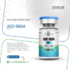 AOD-9604 peptide vial labeled with 10mg and purity over 99%, accompanied by text about its fat loss research. The design includes a blue cap, a gradient label, and a 'Learn More' button with a website link at the bottom.