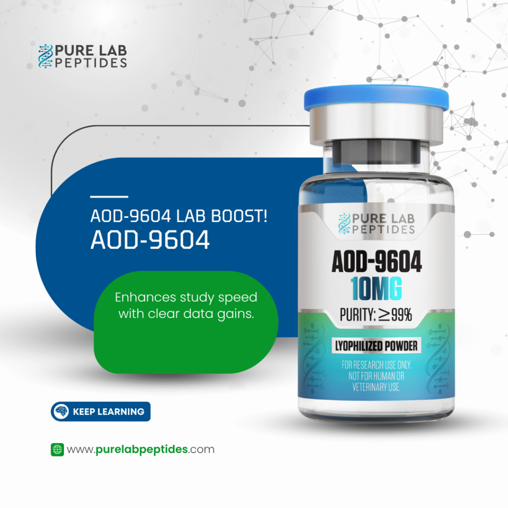 A bottle of AOD-9604, labeled '10MG' and 'PURITY: ≥99%', from Pure Lab Peptides, on a background with scientific design elements. The text highlights 'AOD-9604 LAB BOOST!' and notes that it enhances study speed with clear data gains, with a disclaimer for research use only.