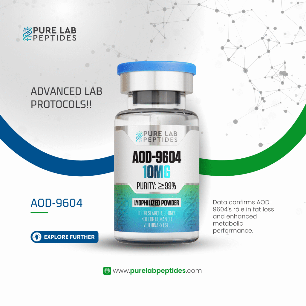 AOD-9604 peptide vial labeled with '10MG' and 'Purity: ≥99%', featuring a blue cap and a design indicating it is lyophilized powder for research use only, accompanied by text promoting advanced lab protocols and stating its efficacy in fat loss and metabolic performance.