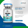 A clear glass vial labeled AOD-9604 10mg with a blue cap, surrounded by a white and green background. The vial is marked with purity information (≥99%) and the text mentions its use for weight reduction and metabolic health. Additional details indicate the product is for research purposes only.
