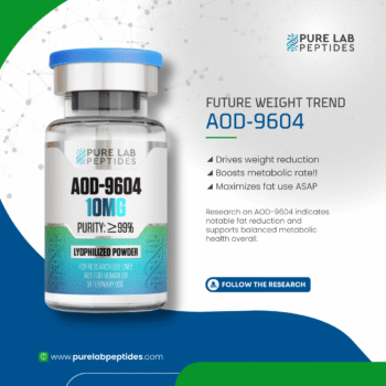 A clear glass vial labeled AOD-9604 10mg with a blue cap, surrounded by a white and green background. The vial is marked with purity information (≥99%) and the text mentions its use for weight reduction and metabolic health. Additional details indicate the product is for research purposes only.