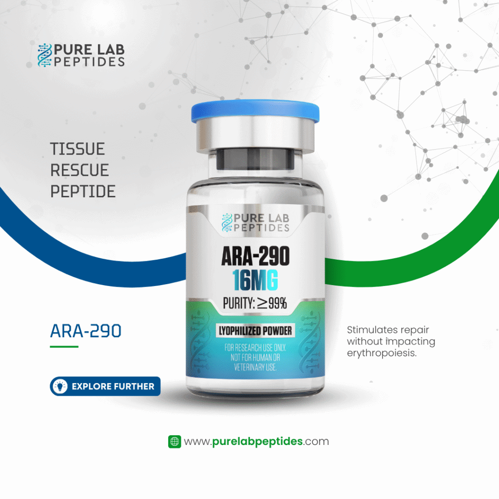Pure Lab Peptides ARA-290 16 mg lyophilized powder vial with blue cap, purity ≥99%, research use only