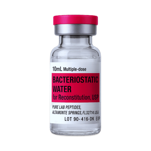 Pure Lab Peptides bacteriostatic water 10 mL multiple-dose vial, with red cap, for reconstitution, research use only