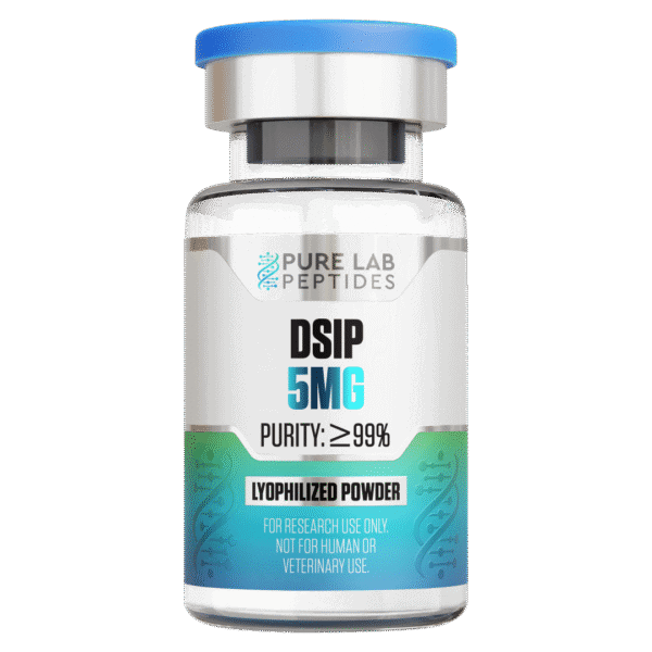 Pure Lab Peptides DSIP 5 mg lyophilized powder vial, clear glass with blue cap, research use only