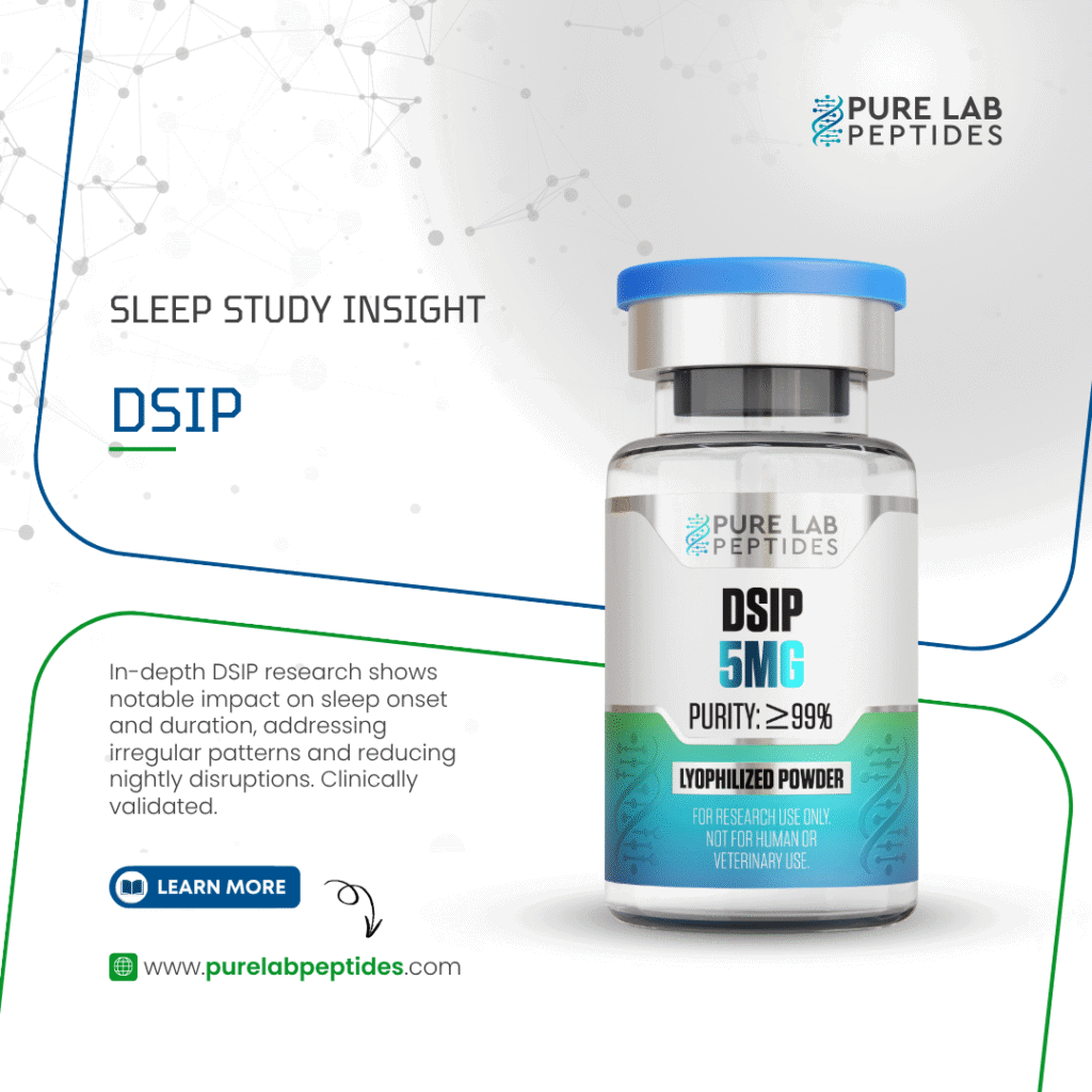 Pure Lab Peptides DSIP 5 mg lyophilized powder vial, clear with blue cap and purity label, research use only