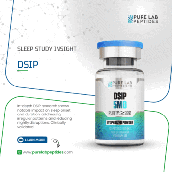 Pure Lab Peptides DSIP 5 mg lyophilized powder vial, clear with blue cap and purity label, research use only