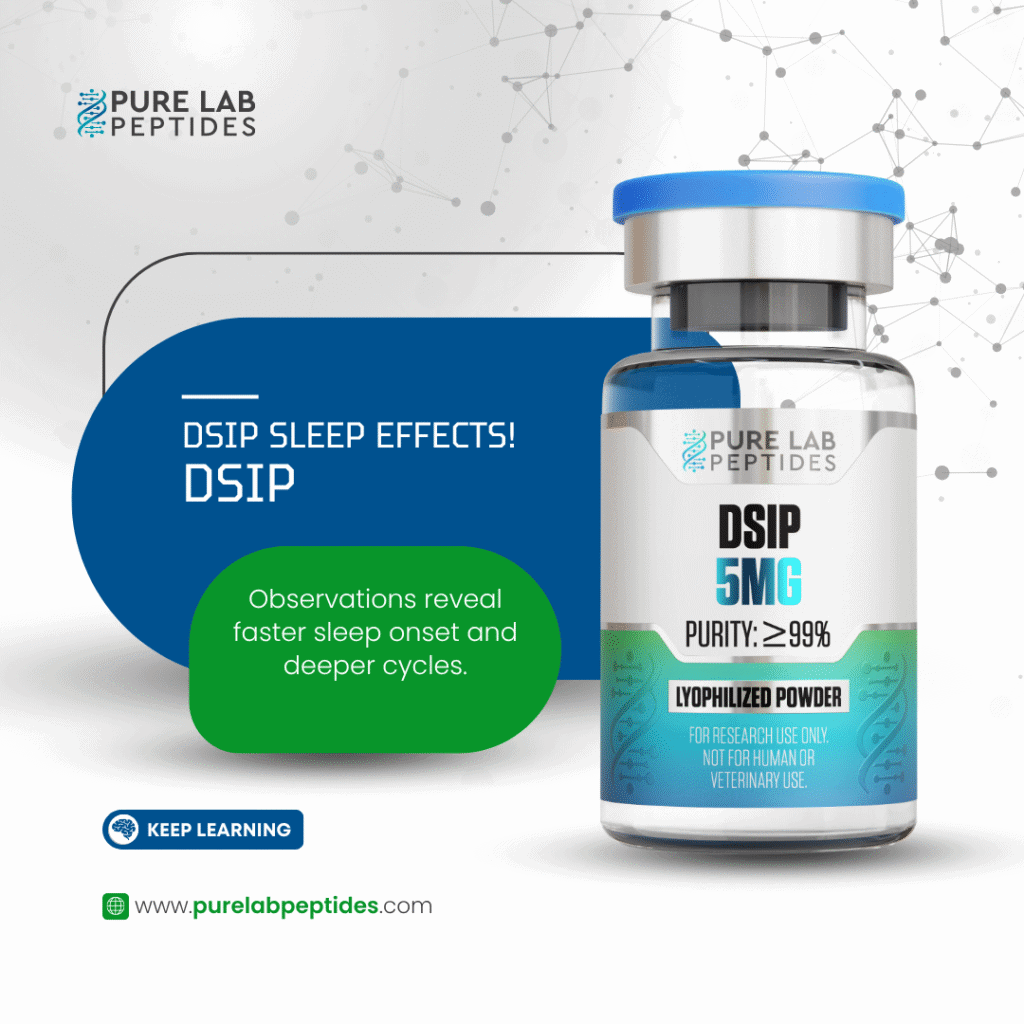 Pure Lab Peptides DSIP 5 mg lyophilized powder vial with blue cap, purity ≥99%, research use only
