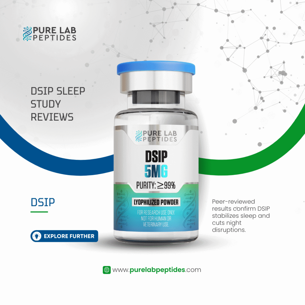 Pure Lab Peptides DSIP 5 mg lyophilized powder vial with blue cap, purity ≥99%, research use only