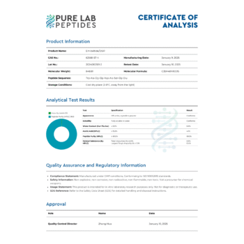 Pure Lab Peptides certificate of analysis for Emideotide/DSIP, detailing product information and test results
