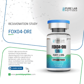 Pure Lab Peptides FOX04-DRI 10 mg lyophilized powder vial with blue cap, purity ≥99%, research use only