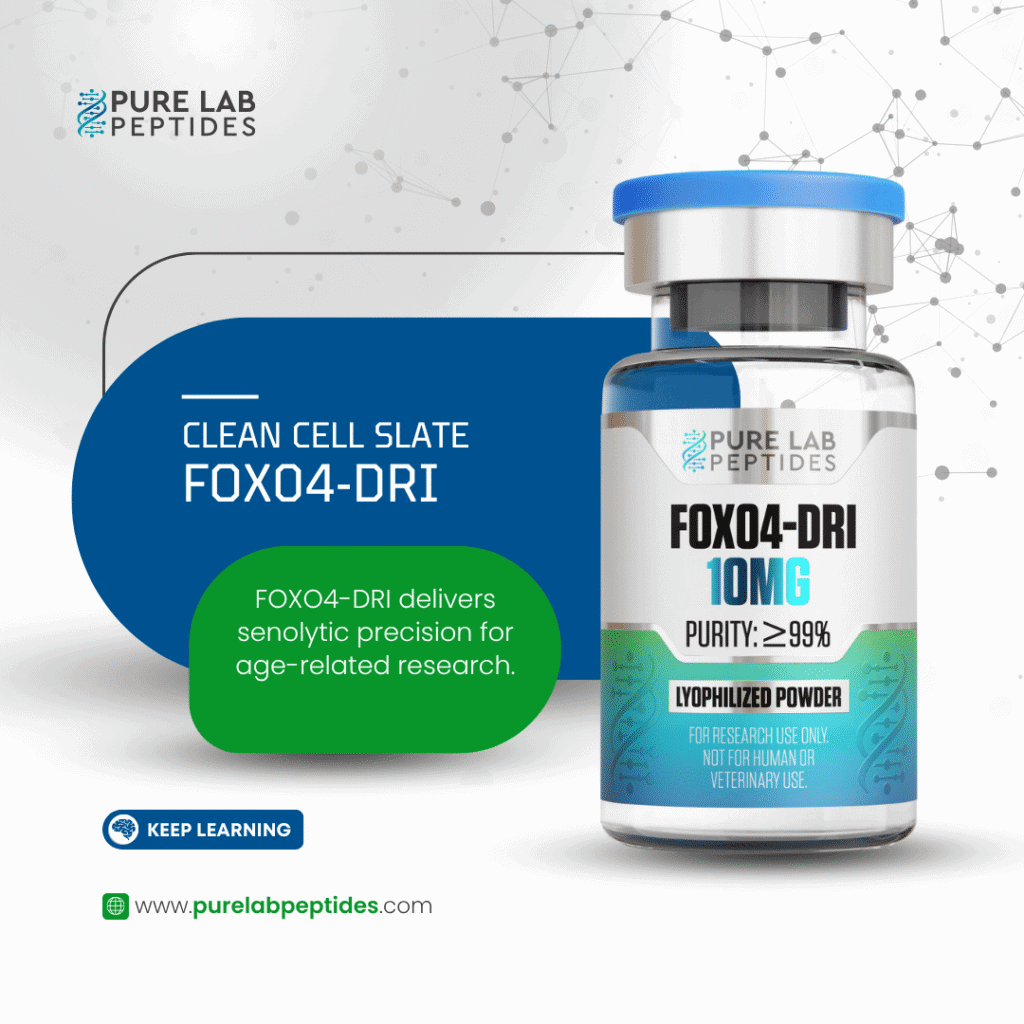 Pure Lab Peptides FOX04-DRI 10 mg lyophilized powder vial with blue cap, research use only