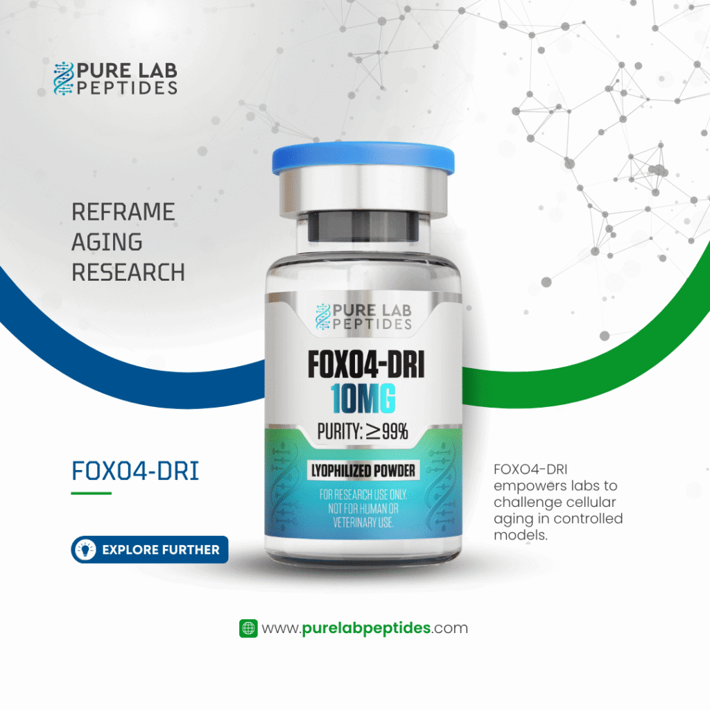 Pure Lab Peptides FOXO4-DRI 10 mg lyophilized powder vial with blue cap, research use only