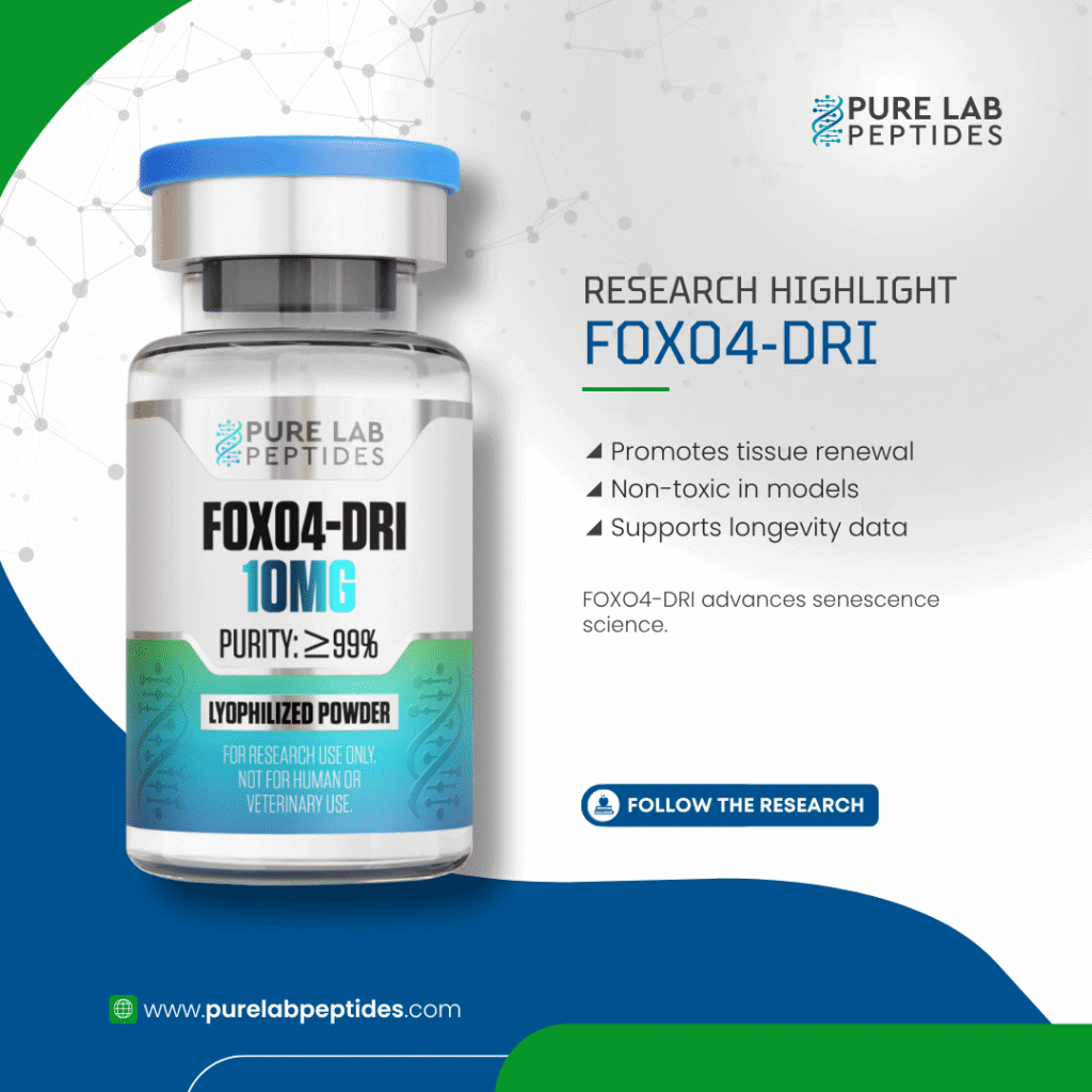 Pure Lab Peptides FOX04-DRI 10 mg lyophilized powder vial, blue cap, purity ≥99%, research use only