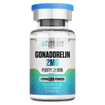 A glass vial containing Gonadorelin, labeled 2MG with a purity of ≥99%, features a blue cap and a gradient design on the label, indicating it is lyophilized powder for research use only, not for human or veterinary use.