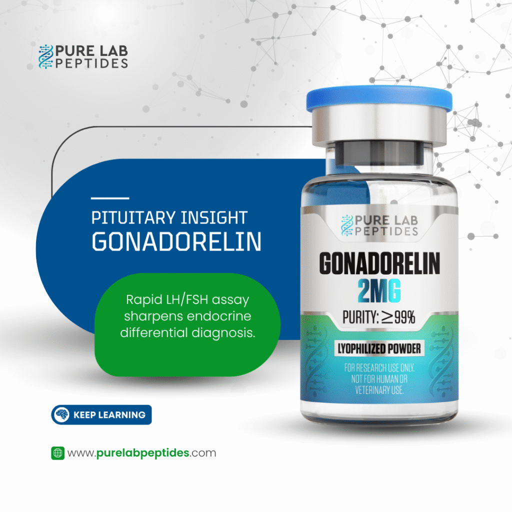A product image showcasing a vial of Gonadorelin, labeled with its name, dosage of 2MG, and a purity of over 99%. The design includes a blue cap, a description related to endocrine diagnosis, and branding for 'Pure Lab Peptides.' A 'Keep Learning' button is featured below the vial, along with the website URL.