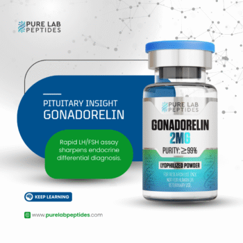 A product image showcasing a vial of Gonadorelin, labeled with its name, dosage of 2MG, and a purity of over 99%. The design includes a blue cap, a description related to endocrine diagnosis, and branding for 'Pure Lab Peptides.' A 'Keep Learning' button is featured below the vial, along with the website URL.