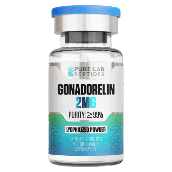 A glass vial containing Gonadorelin, labeled 2MG with a purity of ≥99%, features a blue cap and a gradient design on the label, indicating it is lyophilized powder for research use only, not for human or veterinary use.