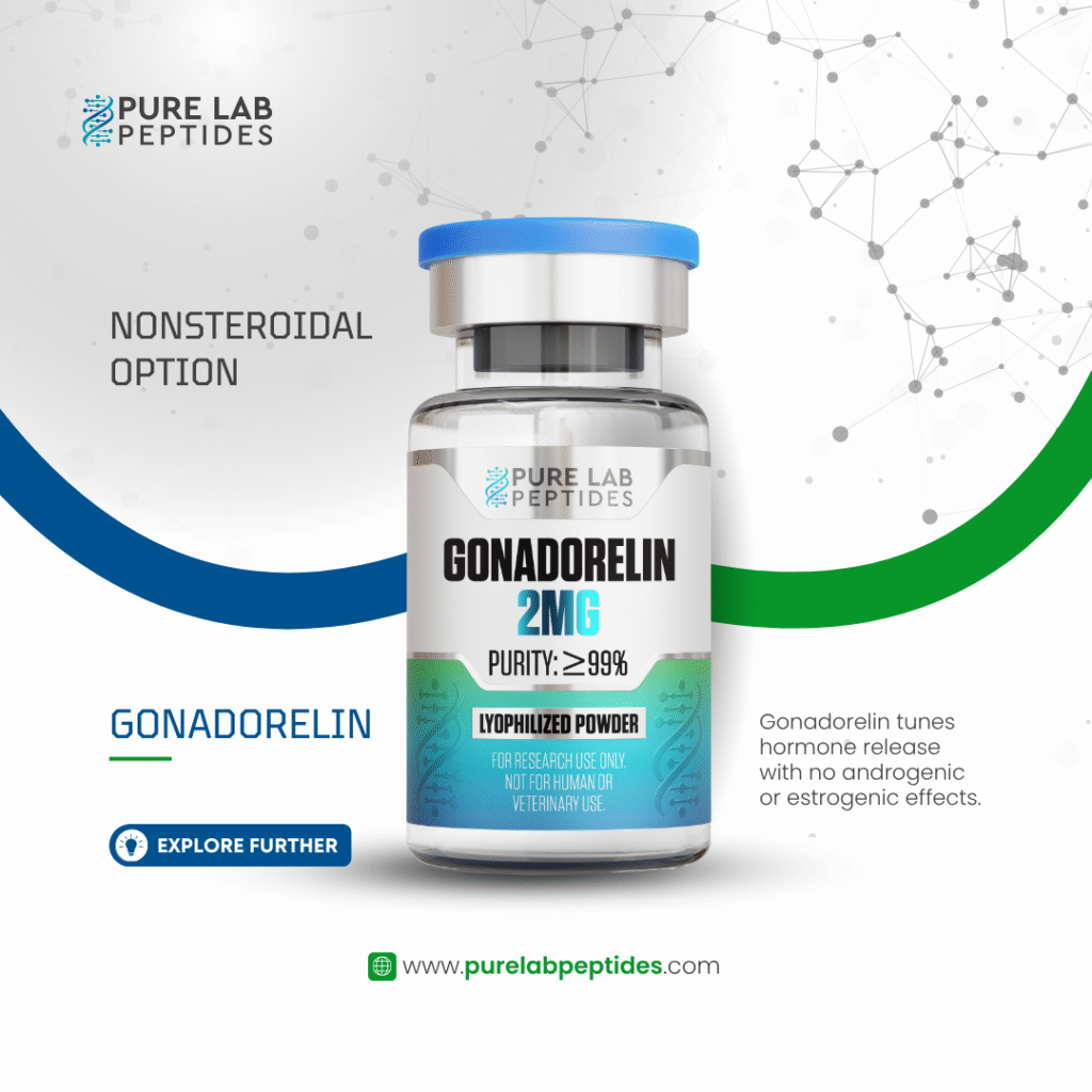 A labeled container of Gonadorelin, a lyophilized powder with a purity of over 99%, from Pure Lab Peptides. The label indicates it is a nonsteroidal option and is for research use only. A blue cap and clear glass vial are visible against a graphic background with scientific motifs.