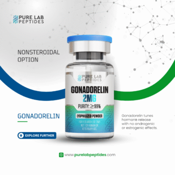 A labeled container of Gonadorelin, a lyophilized powder with a purity of over 99%, from Pure Lab Peptides. The label indicates it is a nonsteroidal option and is for research use only. A blue cap and clear glass vial are visible against a graphic background with scientific motifs.