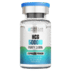 A glass vial labeled 'HCG 5000IU' with a blue cap, indicating a purity of at least 99%. The vial contains lyophilized powder and has a warning that it is for research use only, not for human or veterinary use.