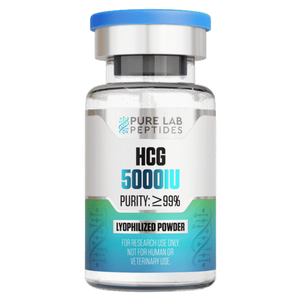 A glass vial labeled 'HCG 5000IU' with a blue cap, indicating a purity of at least 99%. The vial contains lyophilized powder and has a warning that it is for research use only, not for human or veterinary use.