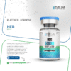 A vial of HCG 5000 IU with a blue cap, labeled as a placental hormone with purity greater than 99%. The background includes molecular graphics and text highlighting its usage in improving reproductive metrics and controlled ovarian stimulation. There is a 'Learn More' section and website link for further information.