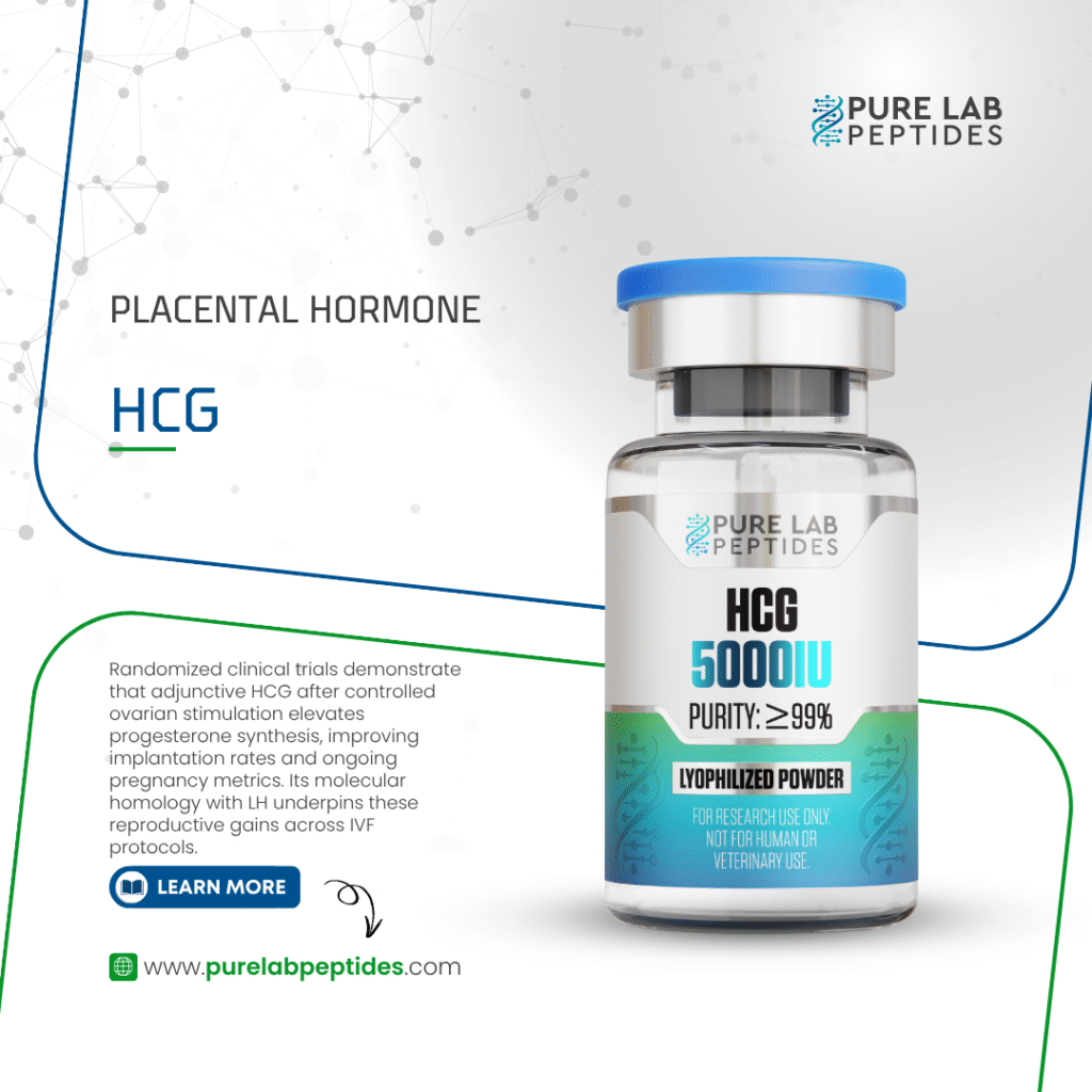 A vial of HCG 5000 IU with a blue cap, labeled as a placental hormone with purity greater than 99%. The background includes molecular graphics and text highlighting its usage in improving reproductive metrics and controlled ovarian stimulation. There is a 'Learn More' section and website link for further information.