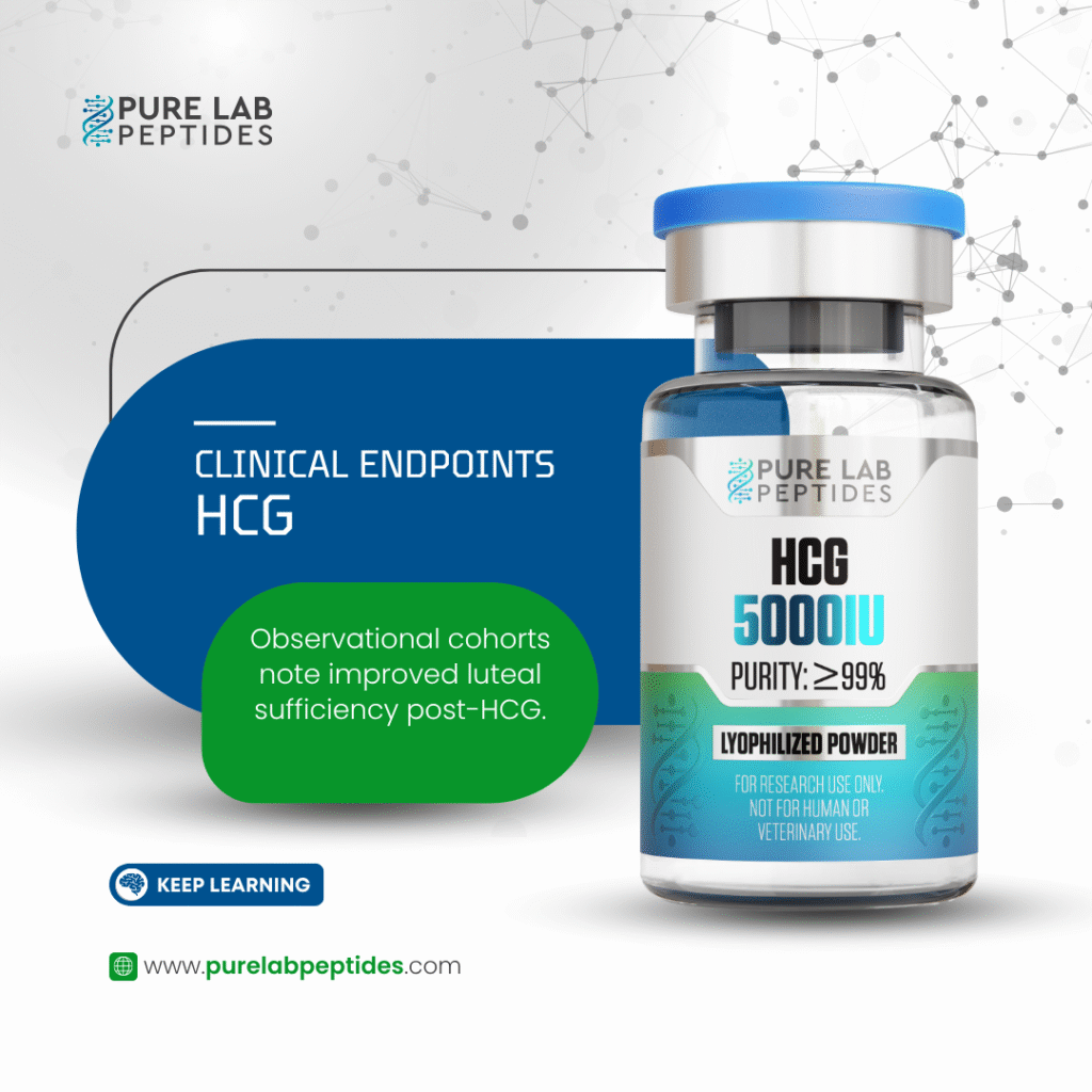 A clear vial of HCG 5000 IU labeled with a purity of ≥99%, placed against a modern, scientific background. The label includes the brand name 'Pure Lab Peptides' and a note stating 'For research use only. Not for human or veterinary use.' An informational text highlights that observational cohorts noted improved luteal sufficiency post-HCG.