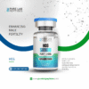 A vial of HCG 5000 IU from Pure Lab Peptides, labeled with purity over 99%, highlighting its use in enhancing male fertility. The design includes a blue cap, and the packaging states 'lyophilized powder' and 'for research use only.' Background features abstract scientific imagery.