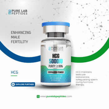 A vial of HCG 5000 IU from Pure Lab Peptides, labeled with purity over 99%, highlighting its use in enhancing male fertility. The design includes a blue cap, and the packaging states 'lyophilized powder' and 'for research use only.' Background features abstract scientific imagery.