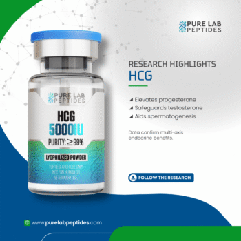 A labeled bottle of HCG 5000 IU from Pure Lab Peptides with a blue cap, showing claims about its purity (≥99%) and benefits related to elevating progesterone, safeguarding testosterone, and aiding spermatogenesis. Includes a note stating it's for research use only.