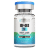 A clear vial containing IGF-DES 2MG lyophilized powder, labeled with 'Purity: ≥99%' and 'For research use only. Not for human or veterinary use.' The vial has a blue cap and features design elements representing scientific research.