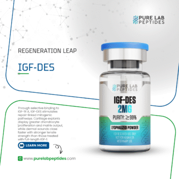 A promotional image for IGF-DES by Pure Lab Peptides, featuring a clear vial labeled 'IGF-DES 2MG' and details about its purity (>99%). The background includes abstract patterns and text emphasizing its regenerative properties. The image encourages users to learn more at the website www.purelabbpeptides.com.